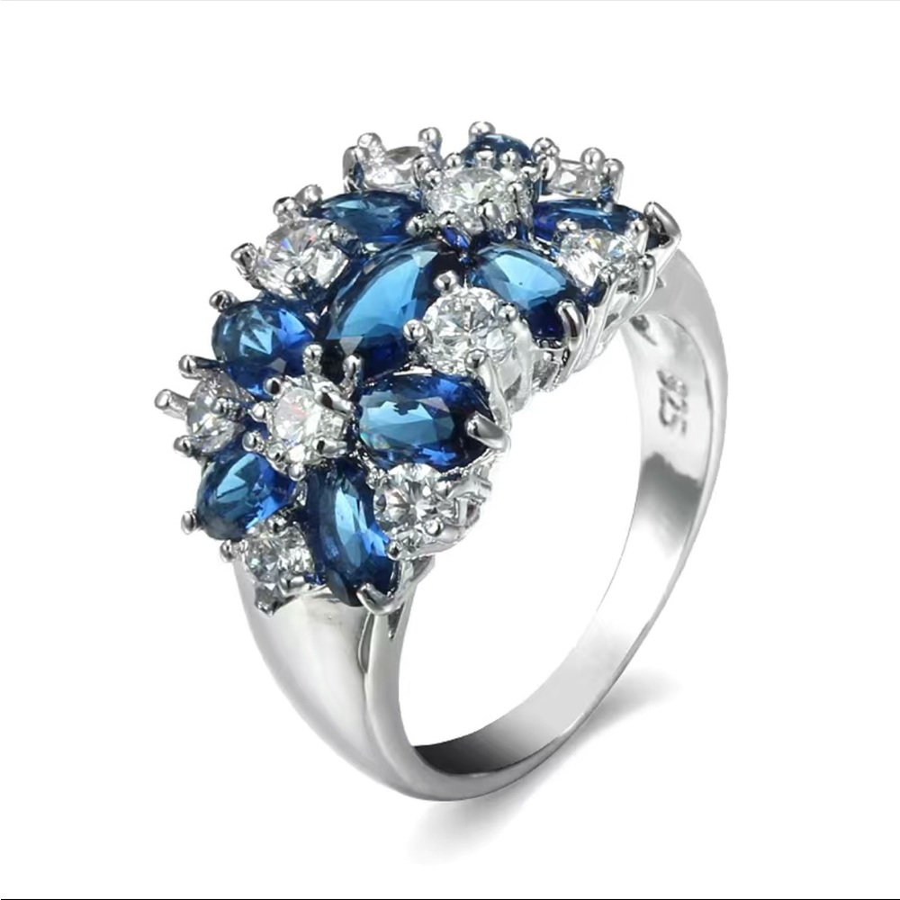 New Women’s 925 Silver Flower Blue Sapphire Ring - Picture 8 of 11